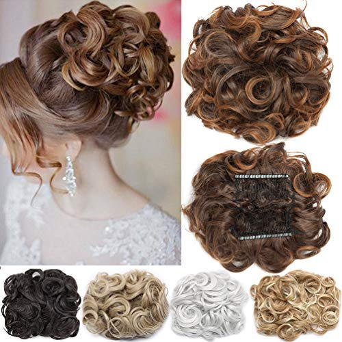 Short Messy Curly Dish Hair Bun Extension Easy Stretch hair Combs Clip in Ponytail Extension Scrunchie Chignon Tray Ponytail Hairpieces Dark Brown mix Light Auburn