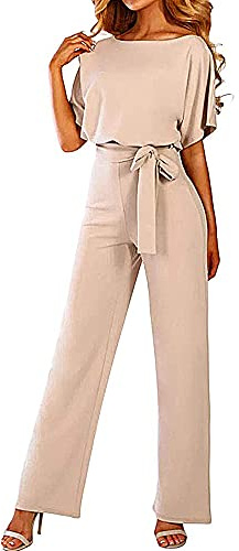 Coloody Lång jumpsuit för kvinnor, overall, byxdräkt, elegant, sparkdräkt, kortärmad, rund hals, lekdräkt med bälte, byxkostym, bred ben, overall, A-beige, XL