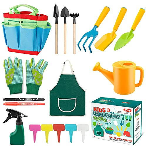 23 Stück Kinder Gartenarbeit Set, Gartenset kinder Gartenarbeit, Gartenwerkzeug Kinders Mit Gießkanne Schaufel Rechen Spaten Schürze, Gartengerät, Out Indoor Spielzeug Geschenk für Jungen Mädchen