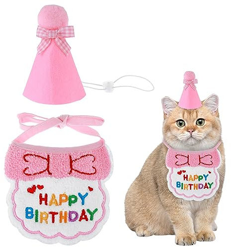 Amaxiu Ensemble chapeau et écharpe d'anniversaire pour petit chien et chat, bandana mignon pour animal de compagnie, fournitures de fête d'anniversaire pour chiot, décorations d'anniversaire brodées