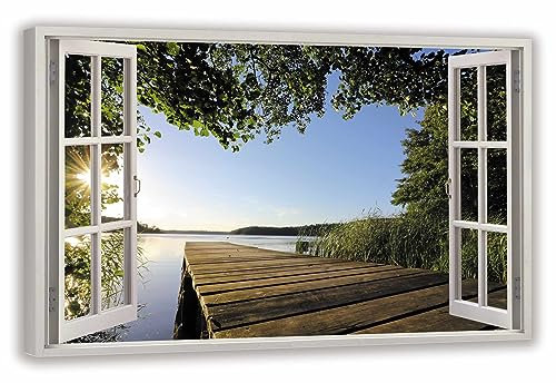HUBDECO Leinwandbild Fensterblick Pomost-See Bild 120x80 cm - Landschaftsbilder auf Leinwand - Wandbilder Wohnzimmer - Bild Fenster mit Ausblick - Aesthetic Room Decor - Wanddeko Schlafzimmer