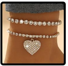Wedity Tobilleras de cristal de doble capa, pulseras de tobillo brillantes para verano, playa, accesorios para pies, joyería para mujeres y niñas, talla única, Diamante de imitación Cristal