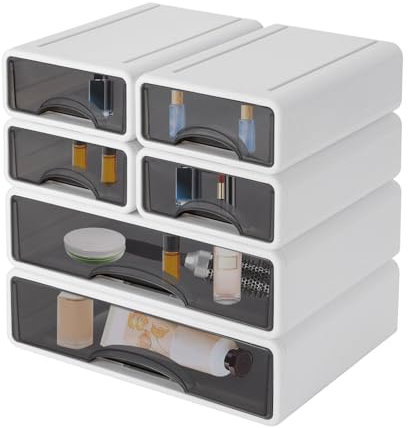 6pcs Schubladenbox Schreibtisch Organizer Schubladen 2 Große + 4 Kleine Schubladenbox Stapelbare für Makeup Schmuck Bürobedarf Stifte Organizer Schlafzimmer Badezimmer Büro Ordnungssystem