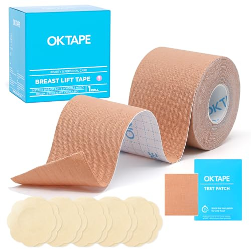OK TAPE Nastro Adesivo Seno Boob Tapes Reggiseno Nastro Adesivo per Vestiti Nastro con 5 Paia di Copricapezzoli Set Nastro Invisibile per Abbigliamento,5cm x 5m,Beige