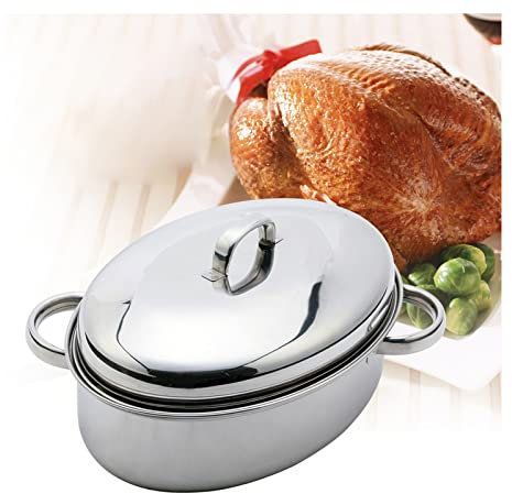 CTCOIJRN Oval stekpanna i rostfritt stål, extra stor fiskpanna, kalkon, bakning, köksredskap, hög kupol för kött, kyckling och grönsaker, kompatibel