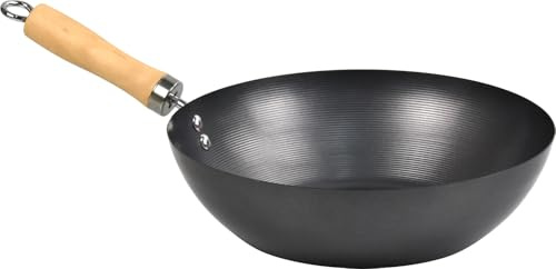 LAVV HOUSEWARES LTD Non Stick Carbon Steel Flat Bottom Stir Fry Wok with Wooden Handle (28cm, Long Handle)