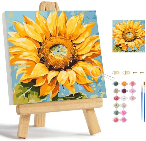 Framed Paint by Numbers Kit,Sunflower Acrylic Easy Paint by Number with Frame, Watercolor Paint by Number Kits on Canvas Framed for Adults Beginners & Kids Ages 8-12(9.8 * 9.8 Inch, without Easel)