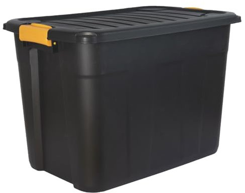 DANIEL JAMES Housewares Heavy Duty Storage Box with Lid - Large Plastic Stackable Storage Boxes with Clip Handles - Lockable BPA Free Indoor Outdoor Garage Storage Trunk Box - Black, 42l