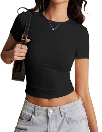 Risipu Women's Short Sleeve T-Shirts Crew Neck Slim Fit Tops Sexy Basic Tee Y2k Clothes 2026 (UK, Alpha, S, Regular, Regular, Black)