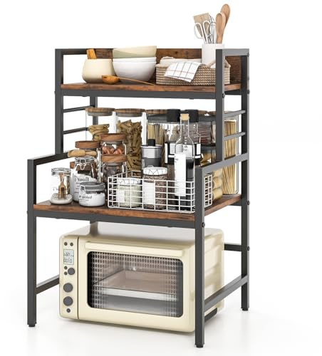 KOMFOTTEU Mensola Microonde 52 x 42 x 78 cm, Supporto Microonde con Piedini Regolabili e 2 Kit Antiribaltamento, Scaffale Salvaspazio da Cucina per Pentole, Padelle, Piatti e Ciotole, Marrone