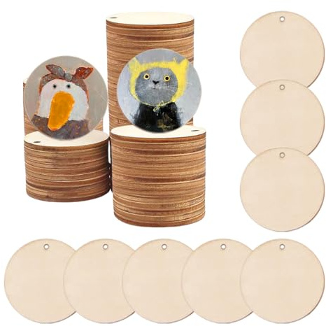 GIDWRIY 50 Stück runde Holzscheiben mit 30 mm Loch, Naturholz zum Basteln, kleine Dünne Platten, Holztafeln zum Bemalen, Holzanhänger, DIY Handwerk