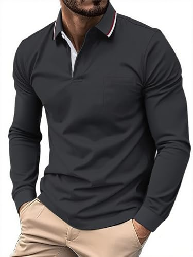 SwissWell Herren Poloshirt Langarm Atmungsaktives Golf Polo T-Shirt Leichtes Polohemd für Outdoor Sport & Business Casual Dunkelgrau L