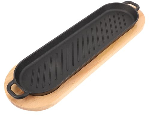SMASOLO Poêle à Steak Fonte avec Double Oreille et Base Bois Plaque de Grillade pour Barbecue Maison et Restaurant Assiette Grillades et Polyvalente