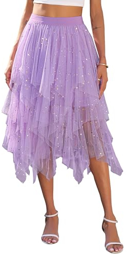 Lovasy Gonna Tulle Donna Lunga Paillettes Gonne Irregolare in Tulle Midi Plissettate Gonne Tutu a Strati Gonna in Rete Elegante per Carnevale Halloween Natale Party Prom,A-Viola,L/XL