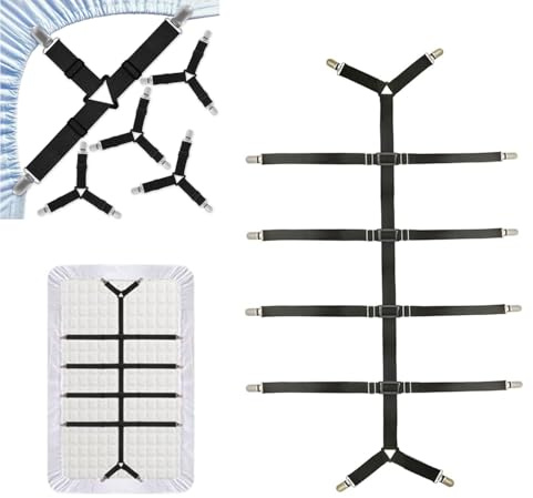 Lot de 5 tendeurs de draps réglables – Antidérapants avec clip en métal inoxydable et bande en nylon élastique de qualité supérieure, pour une fixation ferme des draps/housses de couette, matelas