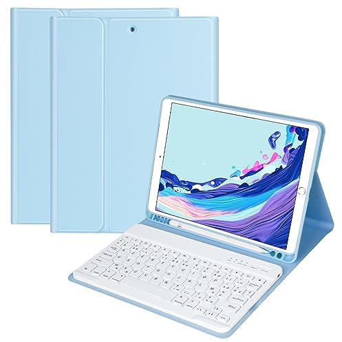 HOTLIFE Clavier Coque pour iPad 10.2 9ème/8ème/7ème Génération 2021/2020/2019/Air 3 2019/Pro 10.5, AZERTY Français Amovible Clavier Bluetooth sans Fil Etui Réveil/Sommeil Automatique(Bleu Clair)