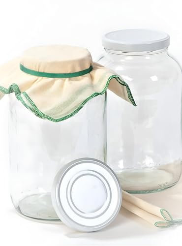 myFERMENTS Barattoli di Vetro Grandi con Coperchio 4,25l - 2 Contenitori a Bocca Larga, 2 Mussole 50x50cm, 2 Elastici - Vasetti Ermetici per la Fermentazione degli Alimenti - Kefir,Kombucha