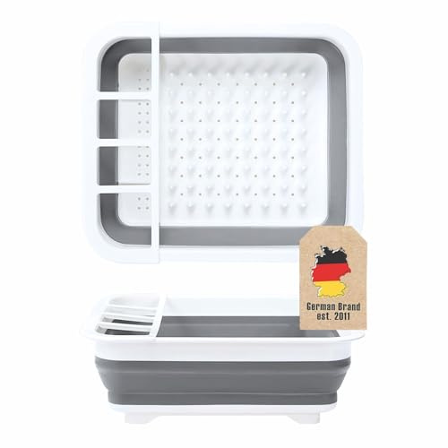 INTIRILIFE Abtropfgestell Grau Weiß – Geschirrabtropfer mit Besteckhalter – Abtropfkorb Küche – Faltbarer Geschirrständer Spülbecken – Abtropfgestell 36x30.5x12 cm – Küchen Organizer Geschirr