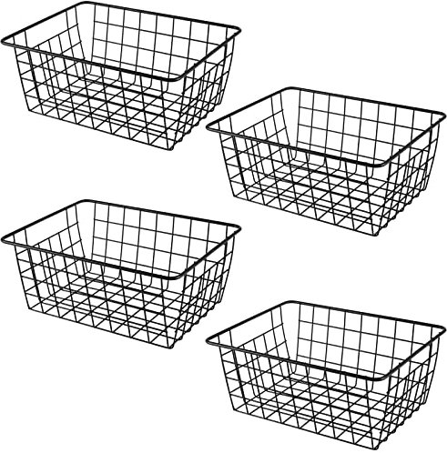 KOHAND Confezione da 4 cestini portaoggetti in filo metallico nero, 28 x 22 x 12 cm, contenitori portaoggetti per congelatore, piccoli cestini per alimenti, snack, bevande, frutta