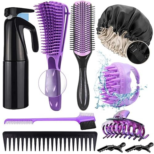 Aozzy 10 Stück Detangle Haarbürste Set für Naturhaar Afro Haare 3a Bis 4c,Mit 9-Reihig Haarbürste Schlafmütze Satin Bonnet Sprühflaschen Kontinuierliche Ein Super Set für Die Pflege Von Frauen 4c Haar