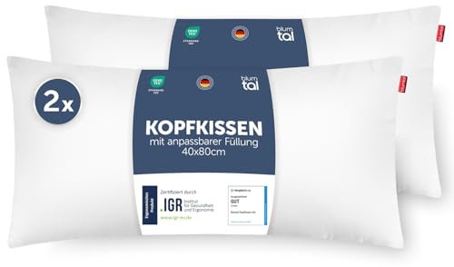 Blumtal Kopfkissen 40x80 cm 2er Set- Nackenkissen mit anpassbarer Füllung - 100% Mikrofaser & waschbar bis 95 Grad - höhenverstellbares Kissen