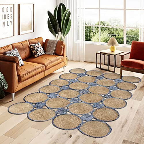 CASAVANI 100% handgefertigter, natürlicher Flickenteppich, geometrisch, beige/blau, Jute und Baumwolle, Teppich, Flur, Eingangsbereich, Beste Verwendung, 7,6 x 2,4 cm, 1,5 x 1,5 m, quadratisch