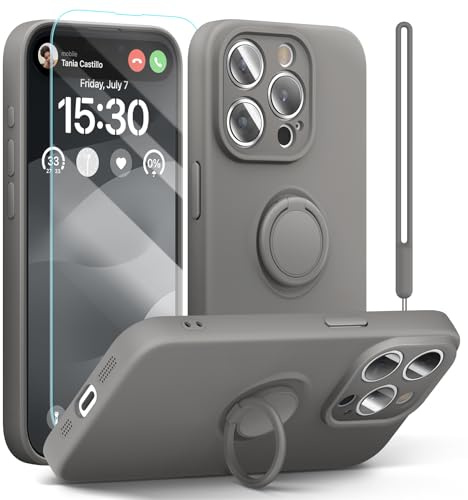 pcgaga Silicone Phone Case for iPhone 15 Pro with Screen Protector [Ring Holder Stand] [Wrist Strap] [Microfiber Lining] Slim Shockproof Protective Cover, 6.1,Gray