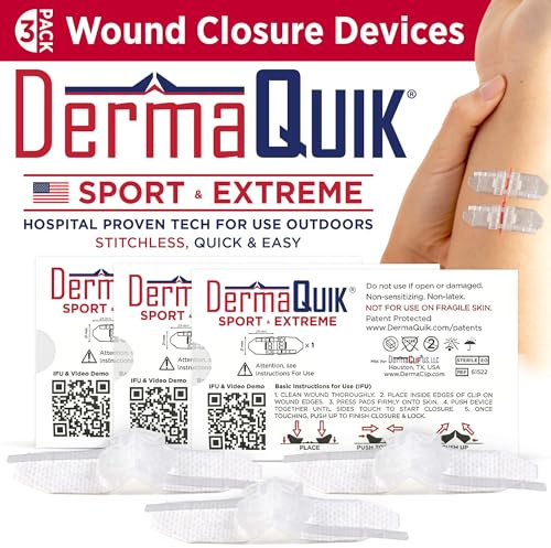 DermaQuik by DermaClip Extreme Wound Closure Device - 3 Pack Heavy Duty Emergency Laceration Repair Kit - Stitchless Zip Stitch & Butterfly Bandages Alternative for Sports, Hiking & Survival First Aid