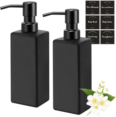 Black Soap Dispensers - 2Pcs 350ml Glass Shampoo & Conditioner Dispenser Square Hand Soap Dispenser with Stainless Steel Pump & Stickers Refillable Shower/Dish Soap Bottle for Kitchen Bathroom Laundry
