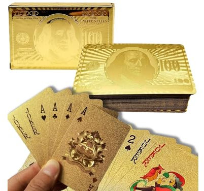 Przydasie Goldene Spielkarten – 54-teiliges wasserfestes Kartenset aus Kunststoff – Pokerkarten für Makao, Magier, Tricks und Spiele – Flexibel, langlebig, leicht mischbar – Glänzendes Design