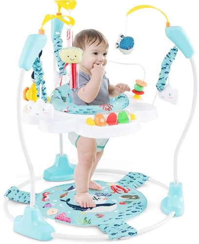 Maxmass Baby Activity Jumperoo, Height Adjustable Toddler Bouncer with 9 Interactive Toys, 360° Rotating Seat, Music, Lights&Sounds, Infant Play Center for 6 Months+, 87x87x94cm (Sky Blue)