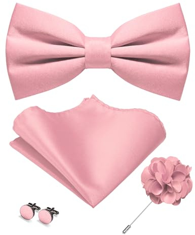 JEMYGINS Farfalla tinta unita opaca da uomo con fazzoletto tascabile, gemelli e asola, Rosa chiaro, M