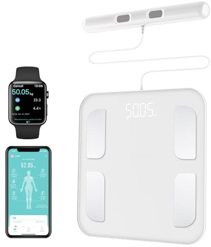 Fitdays FL2001LB-White-UK - Bilancia digitale ad alta precisione con 8 elettrodi per la misurazione della composizione corporea BMI 20, bilancia intelligente da bagno con ampio display a colori