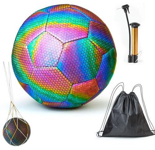 Reflective Football Size 5 Glow in the dark Football with Pump Holographic Light Up Footballs,Soft Touch PVC,Suitable for Night Training, Indoor Outdoor Night Games, Suitable for Boys Girl Kid Adults