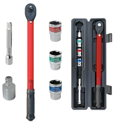 TINMAGI Clé Dynamométrique 1/2 20-230Nm, Kit avec Tige de Rallonge 125mm, Adaptateur 1/2 à 3/8, 3 Douilles, Tête de Cliquet Réversible 72 Dents pour Voiture, Moto, Vélo Remplacement des Pneus