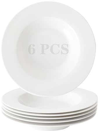 TAMAYKIM 6 Piece Porcelain Pasta Bowls, 8 oz 8.5 Inch Round Wide Rim Soup Plates - Microwave & Dishwasher Safe Dinnerware Set for Salad, Appetizers, Italian Cuisine - Scratch Resistant (White)​