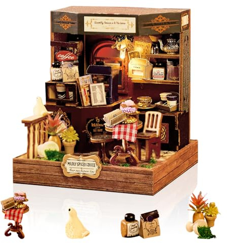 Cuteefun DIY Miniatur Puppenhaus Kit mit LED Licht, Anfänger zum Bauen | Book Nook Kit, Handgefertigtes Holzhandwerk, Schöne Wohnaccessoires, Einzigartiges Kreatives Geschenk (Kaffeehaus)