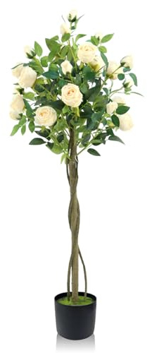 GOVIRAYE Kunstbaum 120 cm – Künstlicher Rosenblütenbaum im großen Topf, naturgetreue rosenpflanzen wie echt für drinnen & draußen, Wohnzimmer, Büro, Garten & Indoor-Deko