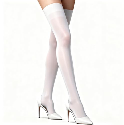 Mzbnfa Women's Thigh High Hold Up Stockings Silky Anti-Skid Silicone Stockings, Sexy Hold-Ups for Women (Black/White/Red) One Size