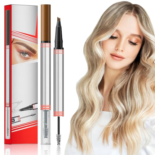 3D Wasserdichter Microblading Augenbrauenstift, 2025 Neu Doppelköpfe Magie Eyebrow Pen mit 4 Gabelspitze, Augenbrauenbürste und Augenbrauenstift Wasserfest für Natürliches Make up (Hellbraun)