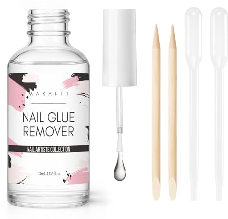Makartt Nagelkleber Entferner für Kunstnägel: Aceton-freier Nail Glue Remover 10ml - für Press on Nails & Fake Nails, Schonender Kleberlöser mit Präzisionspinsel und Holzstäbchen