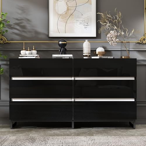 YAIXBNG 140 x 39,5 x 78,5 cm vardagsrum skänk, vardagsrumsskåp med 6 lådor, högblank byrå, skåp med 3 metallben, sidoskåp med utmärkt lastkapacitet, vit + svart