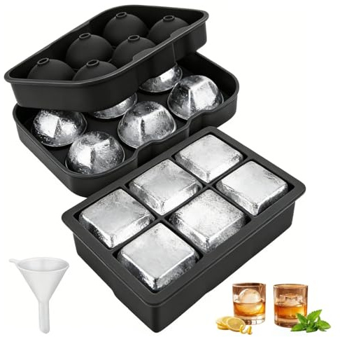 2 stycken isbitsformer, isbitsbehållare i silikon med lock, stora isbitar och rund isform med tratt, BPA-fri, bubbelfri, isbitsform, lämplig för whisky, cocktails och drycker