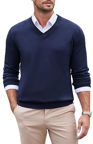 COOFANDY Men's V Neck Jumpers Long Sleeve Knitted Sweater Slim Fit Casual Business Pullover Lightweight Knitwear Basic Solid Color Top Navy Blue L