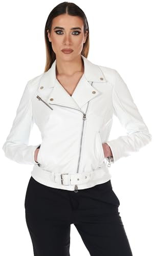 D'Arienzo Chiodo in Pelle Donna Bianco Vera Pelle Giacca Giubbotto Moto Made in Italy Chiodo S/Bianco