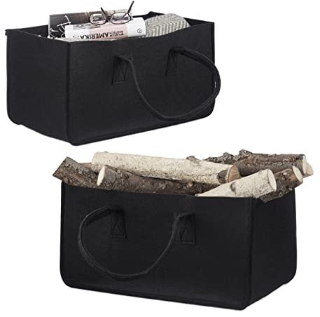Relaxdays 2X Borsa Portalegna per Camino in Feltro Cesto Portatile Portariviste Pieghevole HxLxP: 25x25x50 cm, Nero