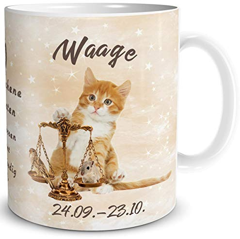 TRIOSK Tasse Katze lustig mit Spruch Sternzeichen Waage Katzenmotiv Geschenk für Katzenliebhaber Geburtstag Frauen Freundin