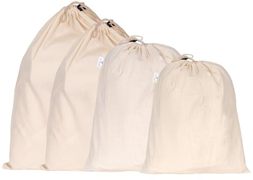 4-Pack Breathable Large 100% Organic Cotton Drawstring Bags For Travel Shoe, Purses Dust Cover Storage Bags - Assorted (M,L,Xl,XXL)