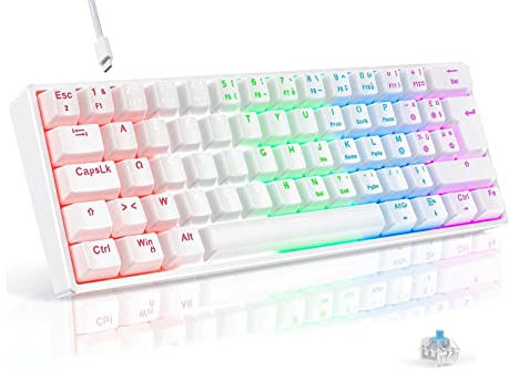TECURS Clavier Mecanique Gaming AZERTY, Clavier Gamer de Jeu Filaire, 60% Clavier Mini LED Rétroéclairé, Anti-Ghosting, Switchs Bleu pour PC/Windows/PS4/PS5, Blanc