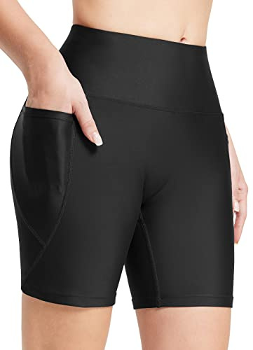 BALEAF Badshorts för damer, hög midja, magkontroll, långa boardshorts med fickor, Black, L